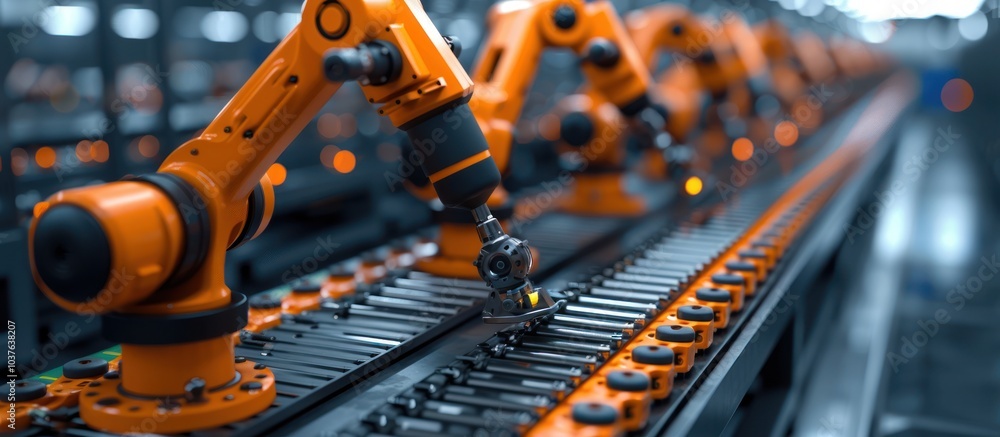 Aufkleber close-up of a robotic arm working on an assembly line, picking up a small part.