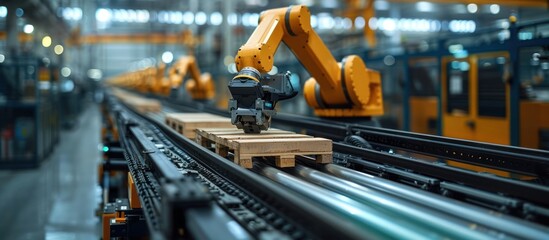 Naklejka premium A robotic arm in a factory setting moves a wooden pallet on a conveyor belt.