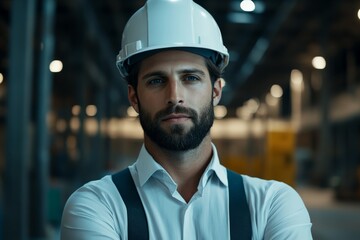 A determined engineer wearing a hard hat is seen in an industrial factory, exuding professionalism and reliability, representing modern engineering and strength.