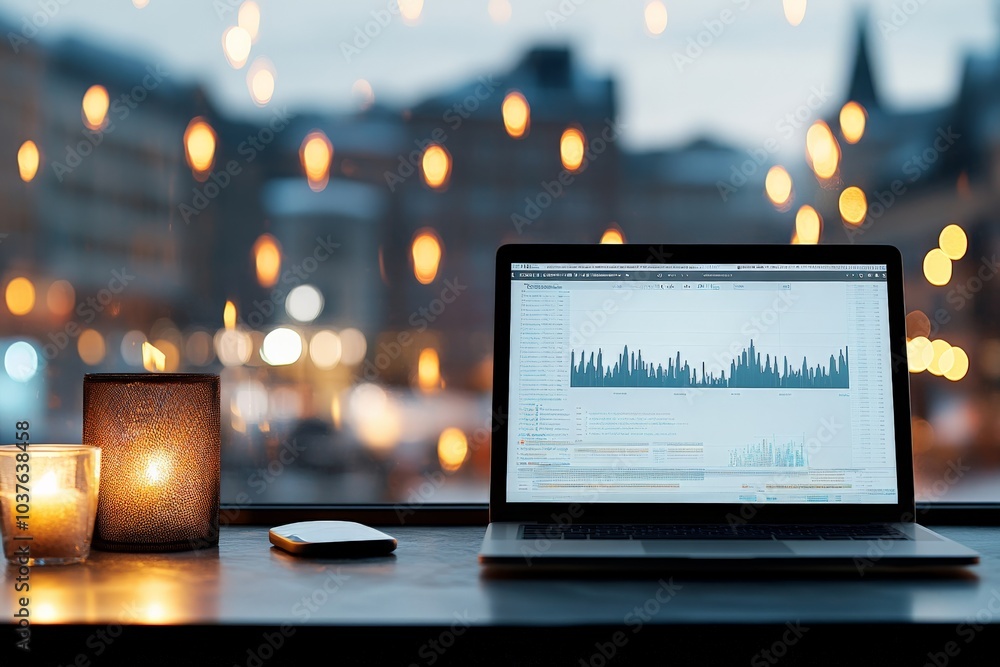 Poster a laptop displaying data charts sits on a table by a window, enveloped in warm ambient light, illust