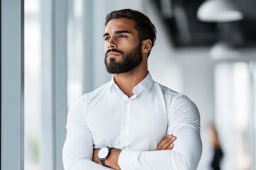 Fototapeta premium A thoughtful man stands with arms crossed, gazing out a large window in an office, reflecting on future goals or business ideas in a professional setting.