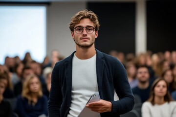 Fototapeta premium A young man with glasses stands confidently in a crowd, holding a clipboard, portraying focus and ambition at a professional conference or educational seminar.