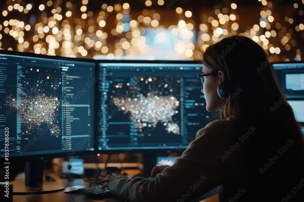Poster a dedicated programmer intensely works at night surrounded by multiple screens displaying complex da
