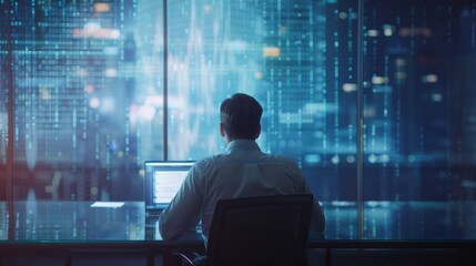 A man is sitting at a desk with a laptop in front of him