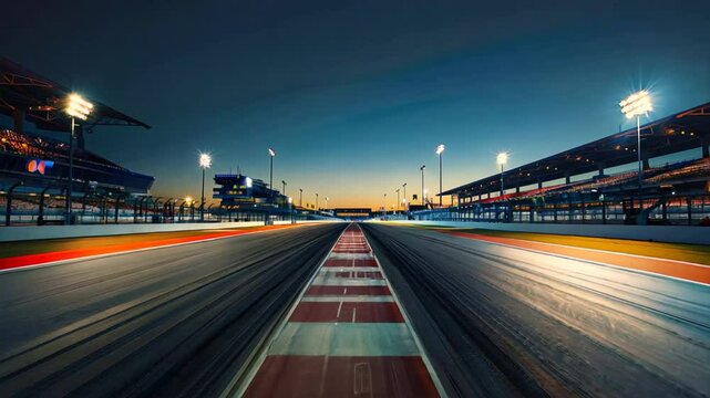 Misty race track landscape shrouded in fog reveals empty curves on wet asphalt, igniting anticipation and speed in heart 