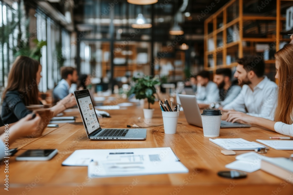 Poster image of a modern office environment with professionals collaborating at a large wooden table with l