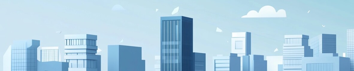 Obraz premium Abstract minimalistic cityscape illustration with pastel blue skyscrapers and soft white clouds.