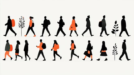 Fototapeta premium Abstract illustration of diverse people walking with orange accents. Minimalist graphic design with flat colors