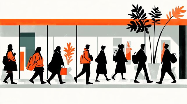 recommend clip art: Silhouette of commuters in an urban setting with dynamic orange and black color scheme.