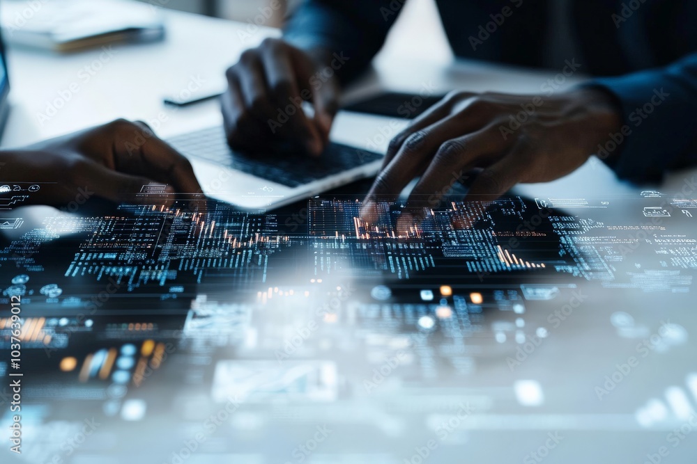 Poster a pair of hands work with a futuristic digital interface, glowing holographic elements suggesting ad