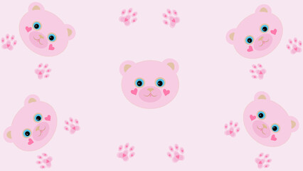 On a pink background, the heads of cute cubs with paws and hearts