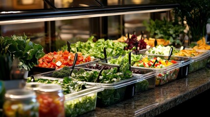 A refreshing salad bar display with an array of mixed greens, colorful veggies, and protein options