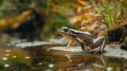A frog hopping across a riverbank
