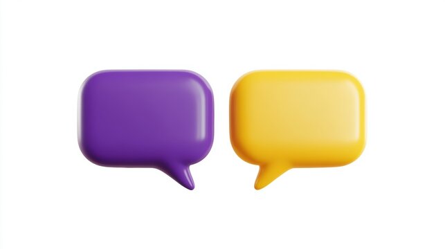 Two speech bubbles in purple and yellow. 3D render isolated on white background. Communication and social media concept for design and print.