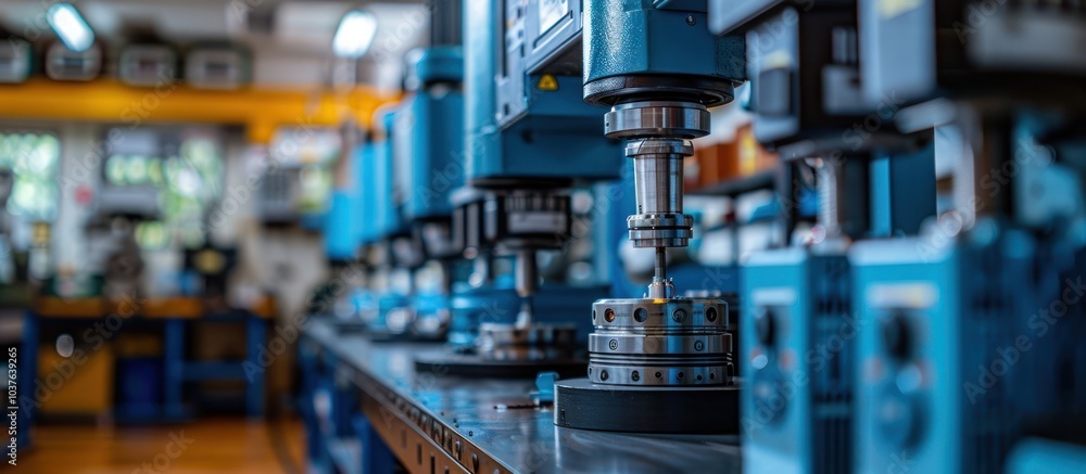 Poster row of industrial machinery in a factory setting with a blurred background.