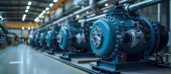Fototapeta premium A row of industrial machinery in a factory.