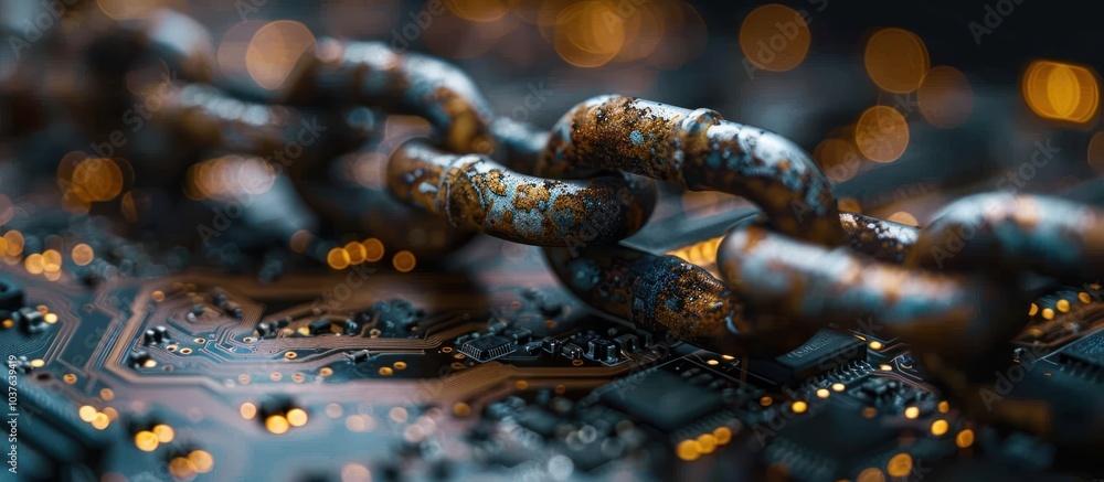 Poster rusty chain on a circuit board, representing the limitations of technology.