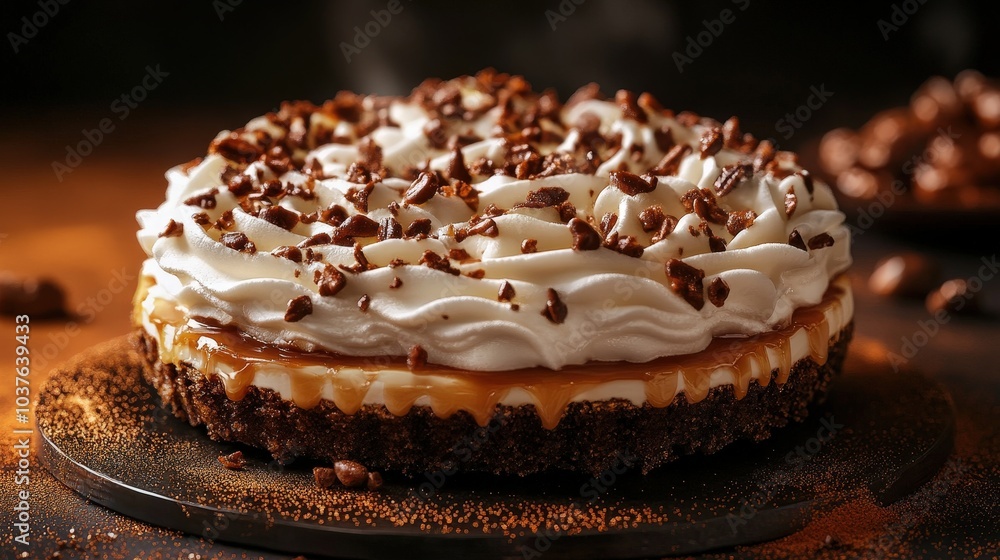 Poster delectable banoffee pie suspended in air with sparkling reflexes on gradient background - minimal 16