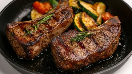 A stock image of seasoned lamb chops with olive oil, garlic, rosemary, and thyme being seared in a hot pan until caramelized, then roasted in the oven to desired doneness.