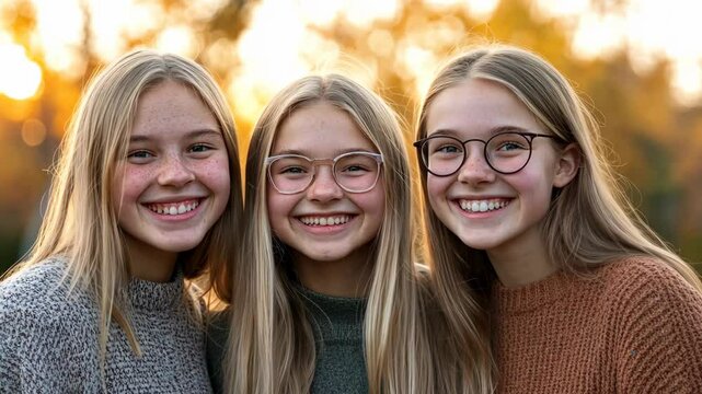 Three girls with long blonde hair smile for a photo in front of a blurred background of fall foliage