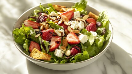A refreshing salad bowl filled with mixed greens, strawberries, goat cheese