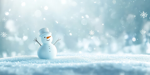 Snowman is standing in the snow with a hat on his head. The snow is falling around him, creating a peaceful and serene atmosphere