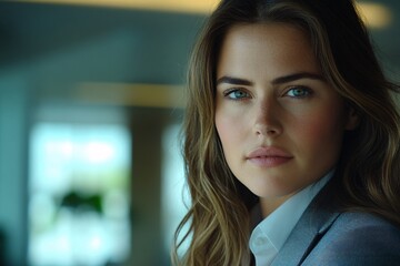 Fototapeta premium Close-Up of Posed Business Woman with Wavy Hair in Modern Style and Natural Lighting