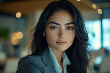 Naklejka premium Close-Up of Posed Business Woman with Wavy Hair in Modern Style and Natural Lighting