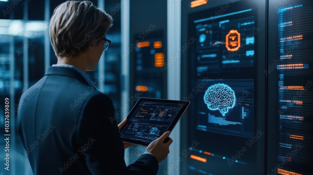 Poster young it professional using a tablet to analyze data in a high-tech server room. technology and inno