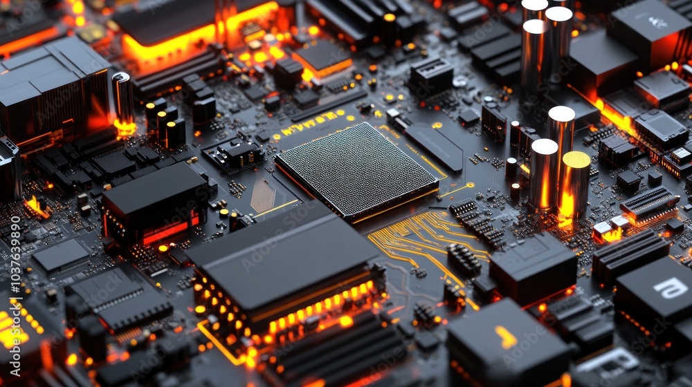 Aufkleber a close-up view of a circuit board with glowing components, showcasing advanced technology.