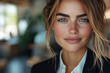 Fototapeta premium Close-Up of Posed Business Woman with Wavy Hair in Modern Style and Natural Lighting