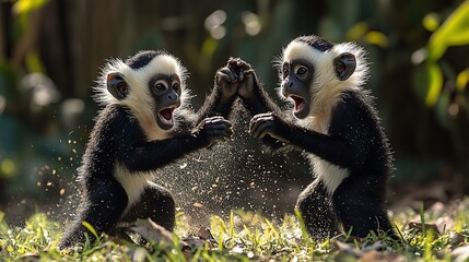 Fototapeta premium Two young black and white monkeys playing in the forest. They are facing each other and have their hands raised in the air. They are surrounded by green grass and trees. They are covered in dust.