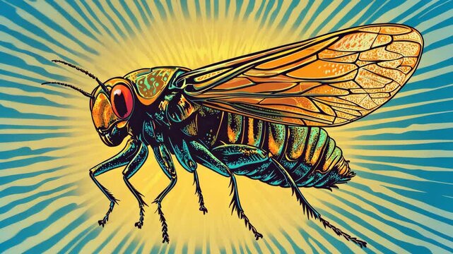 A colorful cicada with large wings flies in front of a blue and yellow background