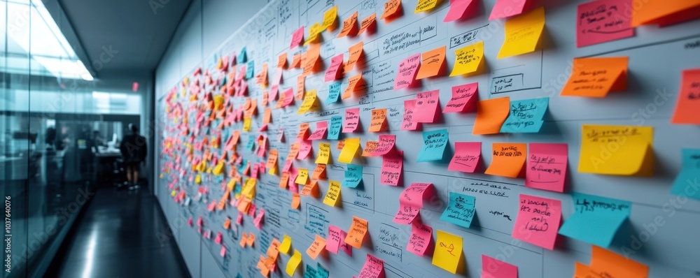 Poster notes on brainstorming board in modern office. collaboration and project planning concept.