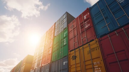 Fototapeta premium Colorful Shipping Containers Stacked High Against Sunny Sky