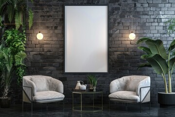 Two arm chairs in a living room with a blank painting on the wall