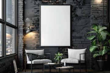 Two arm chairs in a living room with a blank painting on the wall