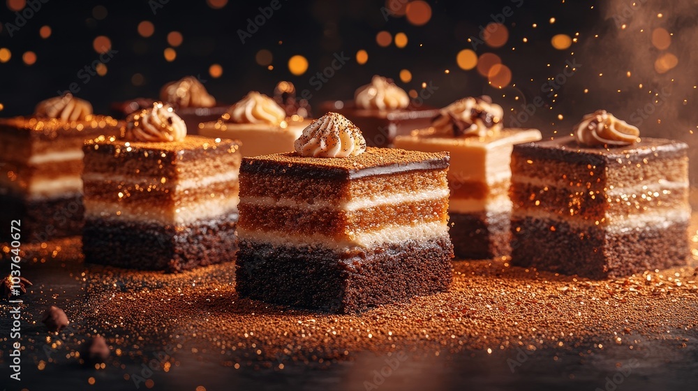 Poster elegant dobos torte suspended in air with sparkle reflections on gradient background in hungary - 16