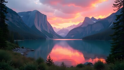 Experience the breathtaking beauty of a stunning mountain sunset over a tranquil lake
