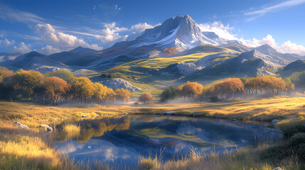 Stunning Mountain Landscape with a Reflective Lake, Autumn Trees, and Majestic Peaks Under a Clear Blue Sky
