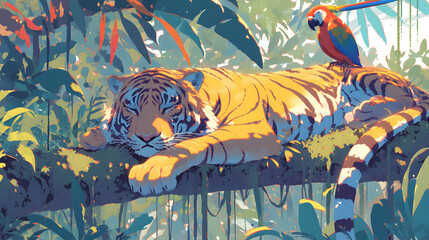 Vibrant Illustration of a Tiger Relaxing on a Jungle Tree Branch with a Colorful Parrot Perched Nearby Amid Lush Tropical Foliage