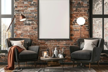 Two arm chairs in a living room with a blank painting on the wall