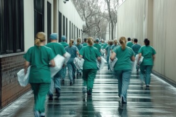 Medical team rushing in hospital corridor during emergency response