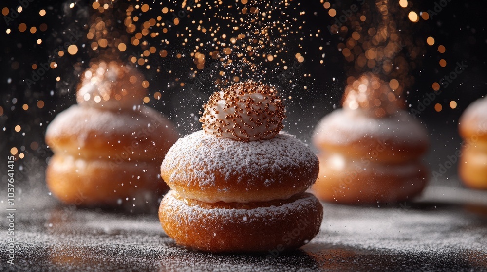 Poster sparkling semla buns in flight on gradient background - minimalist 16k image with natural lighting