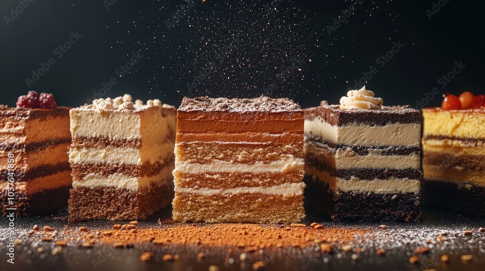 Poster delicate dobos torte suspended in air with sparkling reflections on gradient background - minimalist