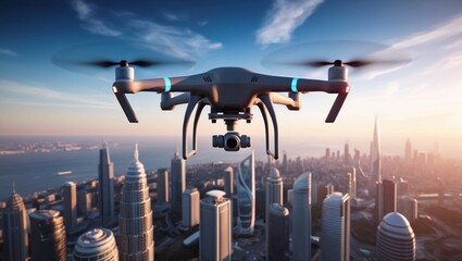  Futuristic Drone Flying Over Modern Cityscape