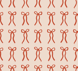Seamless pattern with red ribbons. Vector flat background with small bows in retro style. Coquette and ballet core. Holiday valentines day clipart