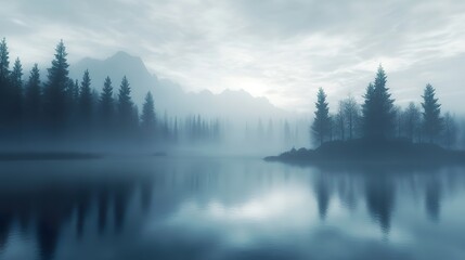 Fototapeta premium A peaceful morning mist hovering over a tranquil lake, with silhouettes of trees in the background.