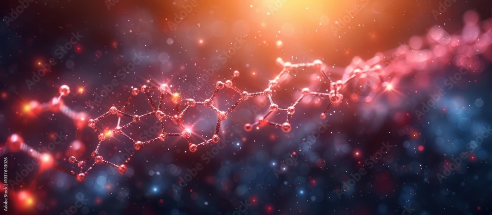 Poster abstract 3d rendering of a molecular chain, glowing with red and orange lights.
