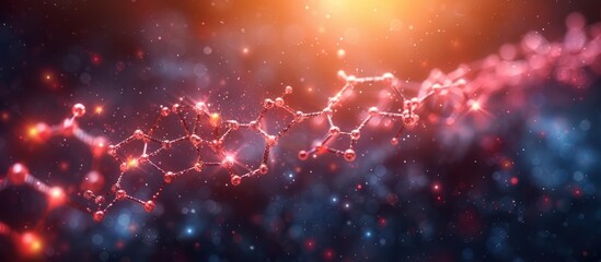 Abstract 3D rendering of a molecular chain, glowing with red and orange lights.